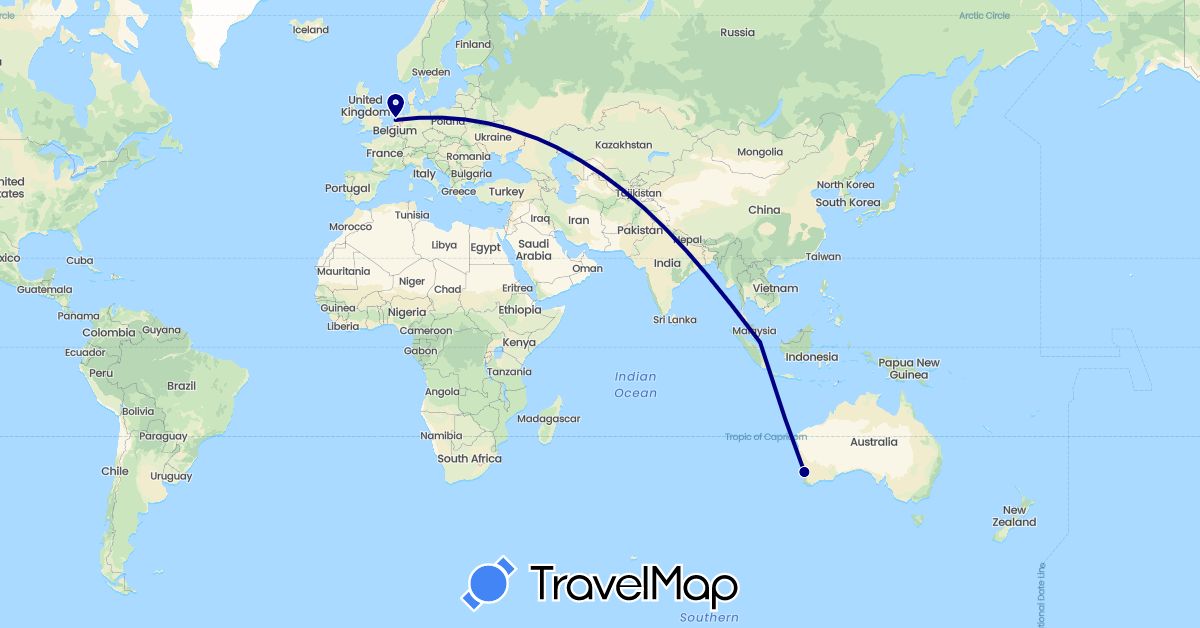 TravelMap itinerary: driving in Australia, Netherlands, Singapore (Asia, Europe, Oceania)